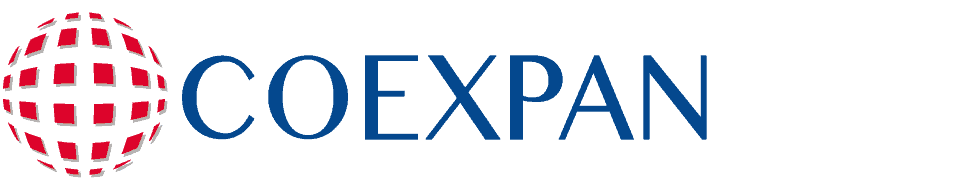 Coexpan logo con esfera roja y azul sobre fondo morado oscuro.