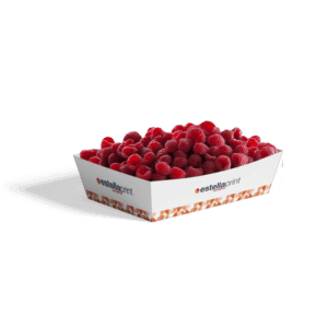 Eco-friendly cardboard trays for fresh produce and raspberries withEstellaprint branding.