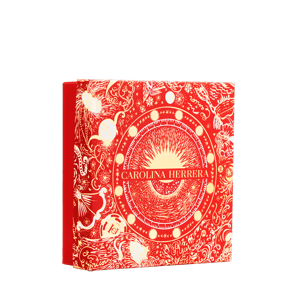 Rollo de un libro con una portada roja decorada con ilustraciones blancas de fantasmas, estrellas y formas abstractas, con el nombre Carolina Herrera en el centro.