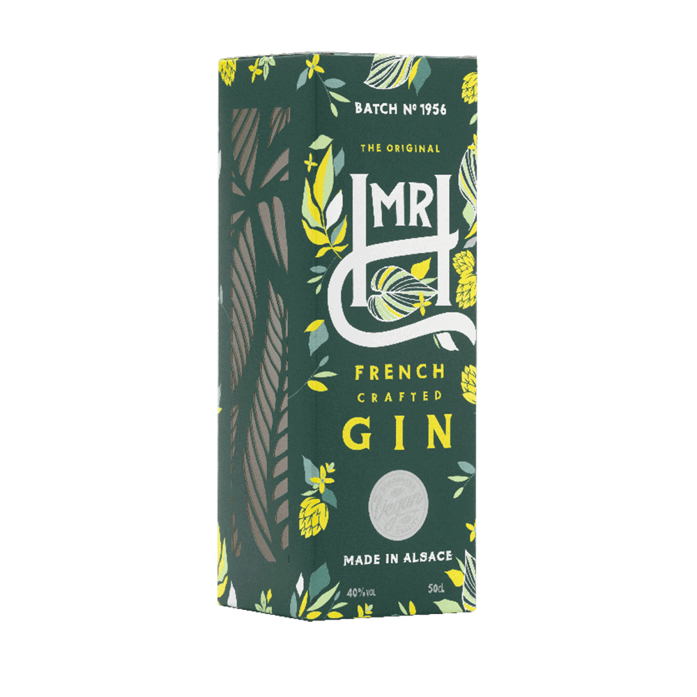 Garrapié de etiqueta de galleta con ilustraciones verdes y amarillas, que indica que es ginebra artesanal francesa, con sello de calidad y producción en Alsacia.