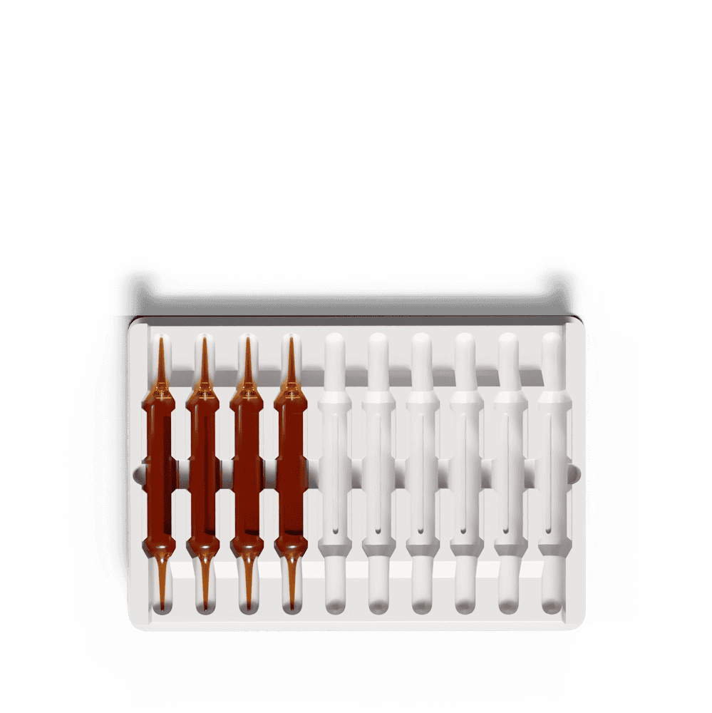 Ampollas de gel con aplicación en dermatología, en una bandeja de plástico, con color marrón y blanco, ideales para tratamientos de hidratación y rejuvenecimiento facial.