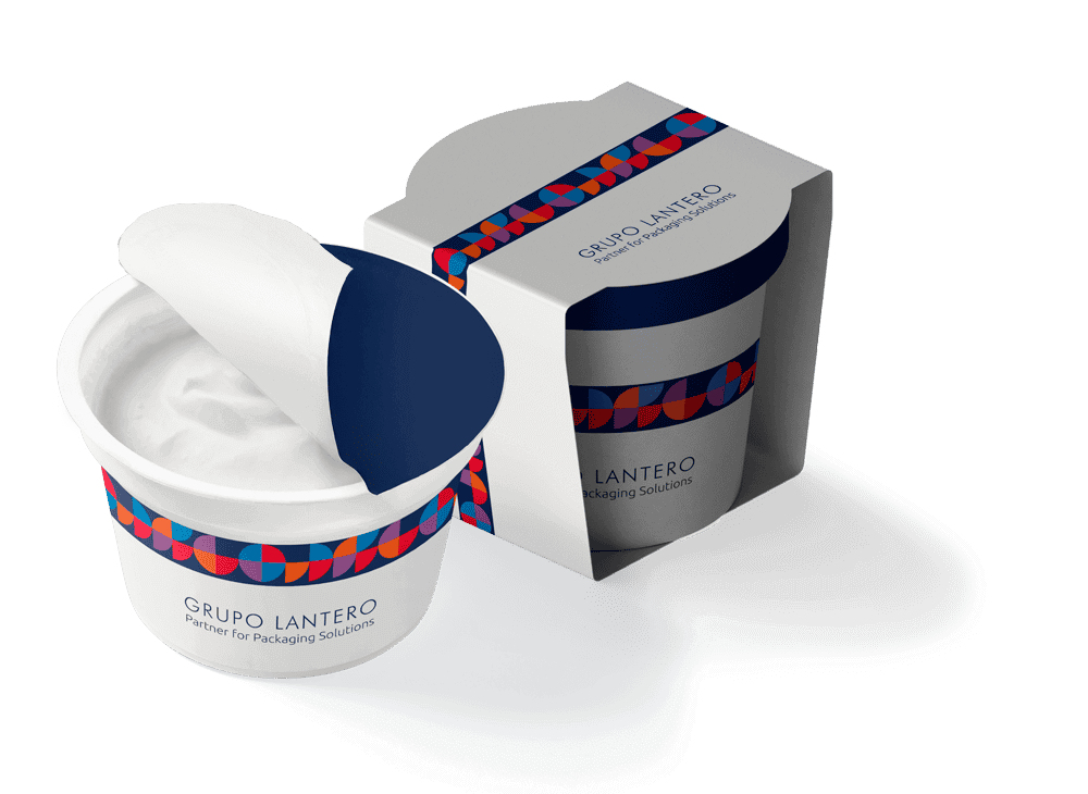 Fibra de yogurt en envase individual con empaquetado de cartón para presentación comercial.