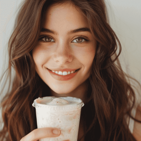 Dama sonriendo mientras sostiene un vaso de helado de fresa, mostrando una expresión feliz y relajada. La imagen captura un momento de disfrute y placer con un fondo neutro y natural.