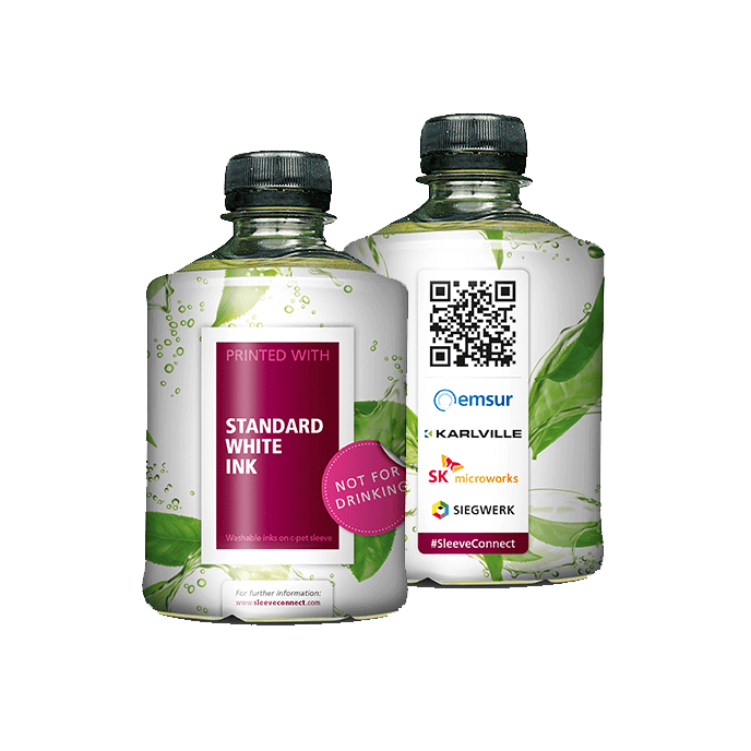 Etiquetas para tinta de impresión estándar en botellas reutilizables con código QR y marcas como emsur, Karlville, SK Microworks y Siegwark, compatibles con la conexión #SleeveConnect.