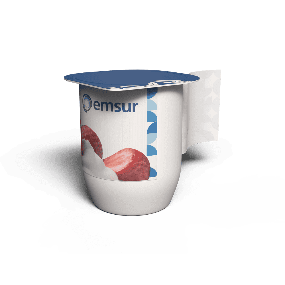 Embalaje de yogur envasado, con marca emsur en envase de plástico, lleno de yogur con imagen de fresa, en colores blancos, azules y rojos, fondo transparente, destacado para productos lácteos.