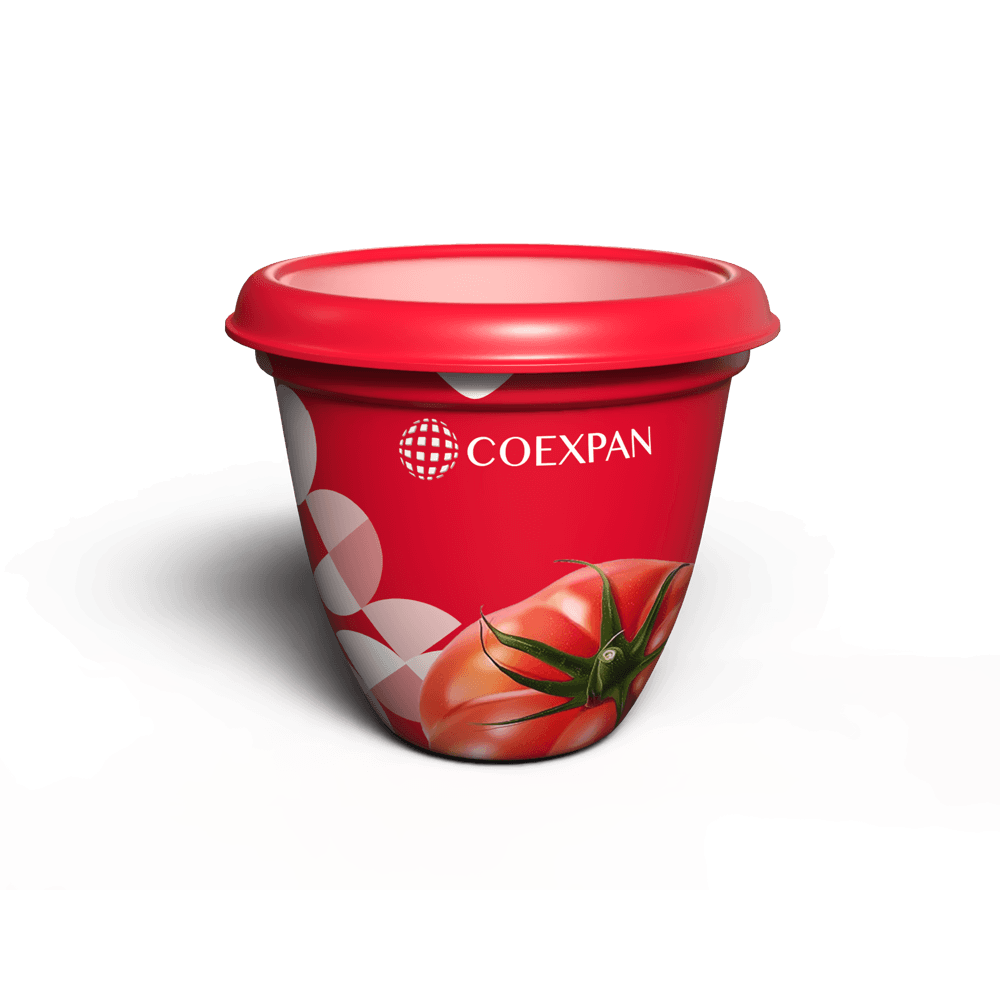 Ajo de tomate en envase de plástico con logo de COEXPAN y diseño de tomate fresco.