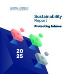 Cover of Grupo Lantero's 2025 Sustainability Report, with the tagline 'Protecting futures' and colourful isometric cubes on a blue background.