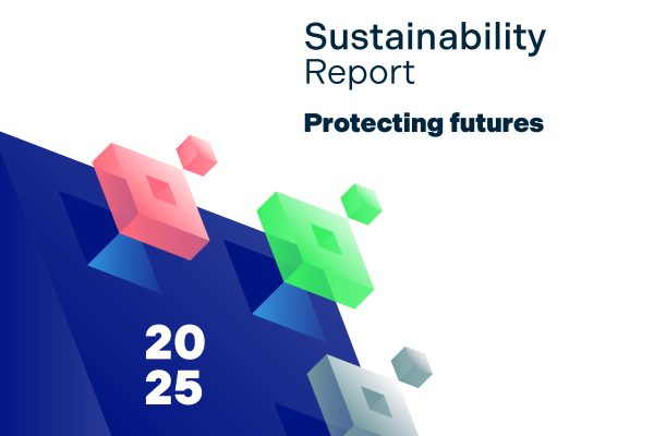 Cover of Grupo Lantero's 2025 Sustainability Report, with the tagline 'Protecting futures' and colourful isometric cubes on a blue background.