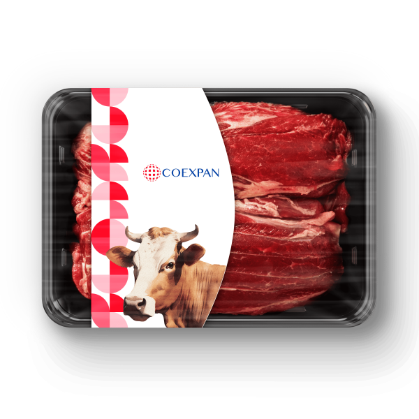 Carne de res en envase plástico, con marca y logo de Coexpan y una ilustración de una vaca en la etiqueta.