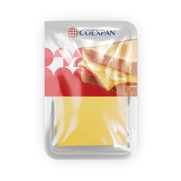 Bandeja de etiquetas autoadhesivas con queso y jamón en packaging de color rojo, blanco y gris, diseñada para etiquetado de productos alimenticios o promocionales.